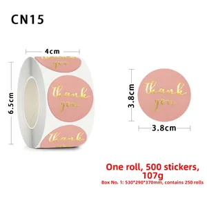 Detail view of 3.8cm pink thank you stickers with gold foil and roll dimensions