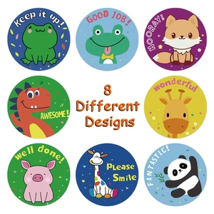 Roll of cartoon animal reward stickers with 8 designs including frog, fox, and panda motifs