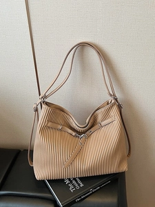 Large capacity light brown pleated hobo bag for women with dual straps and chic metal buckles