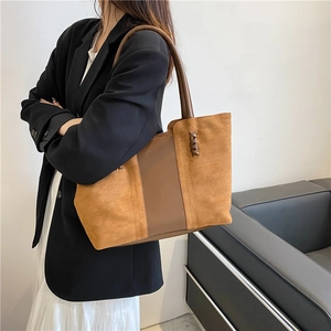 Brown vintage tote bag in suede and smooth leather for women, large shoulder bag style