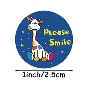Round 1 inch sticker featuring a cute colorful giraffe and Please Smile text on blue background