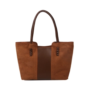 Vintage brown leather tote bag with patchwork suede sides and woven handle details