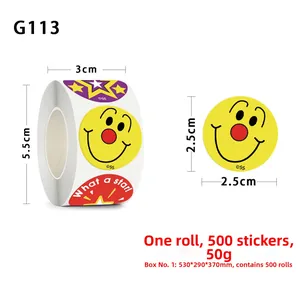Detail view of 2.5cm round reward stickers on a roll featuring smiley face and star designs