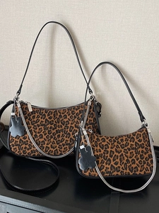 Retro Leopard Print Pattern Woven Checkerboard Underarm Bag Fashion Crescent Shoulder Bag For Women With Metal Chain Link