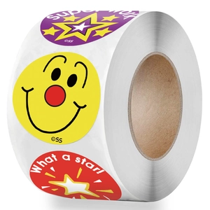 Roll of colorful reward stickers for children with Superwork and What a star text