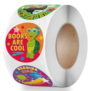 Colorful cartoon animal reward stickers roll featuring turtle, dog and space planet themes