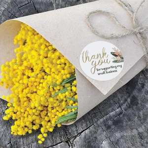 Floral round thank you stickers with gold foil for small business packaging labels
