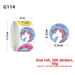 Vue détaillée du rouleau autocollants licorne 2,5cm diamètre 500 pièces par rouleau