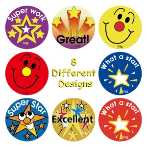 Roll of 8 colorful animal reward stickers for kids with star and smiley face patterns