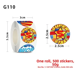 Detail view of 2.5cm superhero themed stickers with 500 labels per adhesive roll