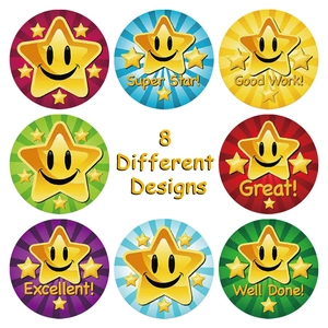 Set of 8 colorful roll stickers featuring star patterns with positive reward phrases