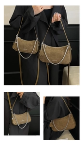 Detailed comparison of brown suede crescent bags in large and small sizes with silver chain