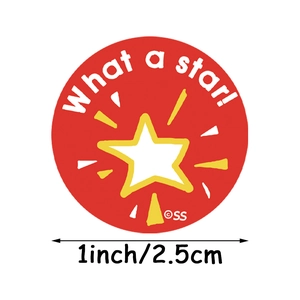 Round red reward sticker with star and 'What a star!' text for children, 1 inch size