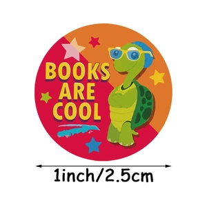 Cartoon turtle round sticker label with Books Are Cool text for kids rewards