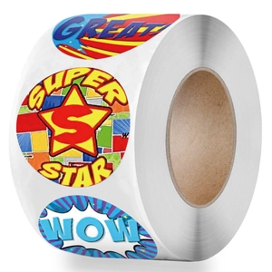 Comic style animal reward stickers roll with Great and Super Star praise text for kids