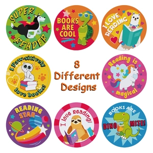 Set of 8 colorful animal reward stickers for children featuring reading themes on white background