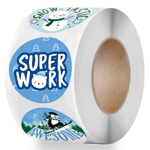 Roll of cartoon winter animal reward stickers with Snow-tastic and Awesome text