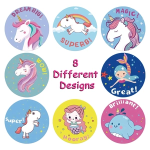 Rouleau de 8 autocollants ronds colorés avec licornes et sirènes pour récompenser enfants