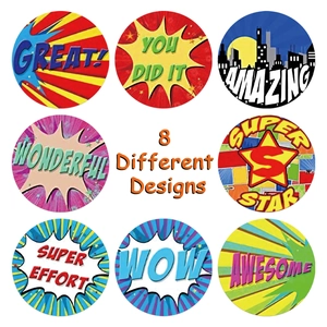 Roll of 8 colorful comic-style motivational stickers with reward words for kids
