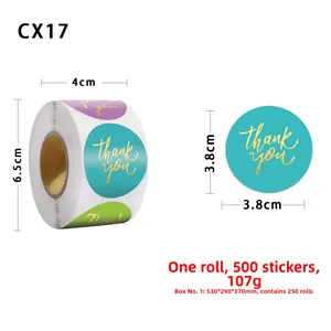 Detail view of 3.8cm diameter gold foil thank you stickers in colorful roll format