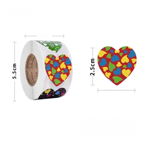 Detailed view of colorful heart puzzle stickers, 500 labels per roll for gift decoration