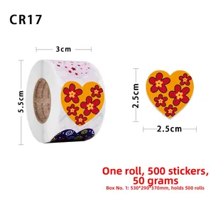 Detail view of heart stickers roll showing 2.5cm size and 3cm width specifications