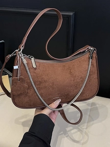 Women Korean Minimalist Underarm Shoulder Bag Vintage PU Leather Solid Color Crescent Bag With Metal Chain And Teddy Bear Pendant