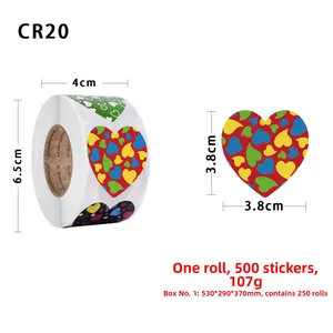 Close-up of 500 heart stickers roll showing 3.8cm diameter and weight parameters