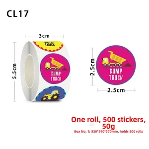 Close-up of 500 circular construction truck stickers for kids reward and decoration