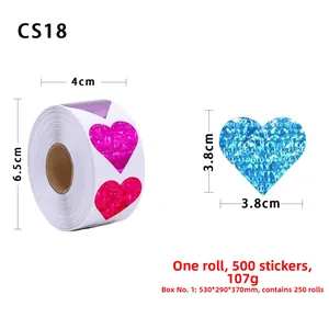 Detail view of 500 holographic heart stickers with dimensions and roll weight specs