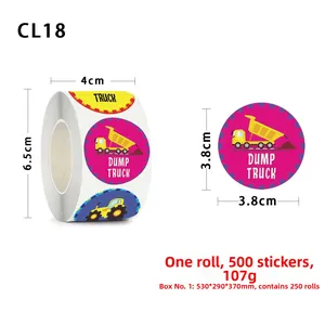Close-up of colorful dump truck cartoon stickers for children with 3.8cm diameter detail