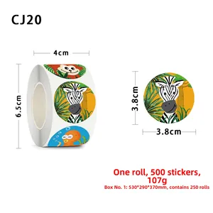 Detail of animal cartoon stickers showing 3.8cm diameter size and roll dimensions