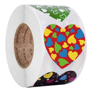 Roll of 500 heart-shaped stickers in 8 vibrant patterns for Valentine gift sealing