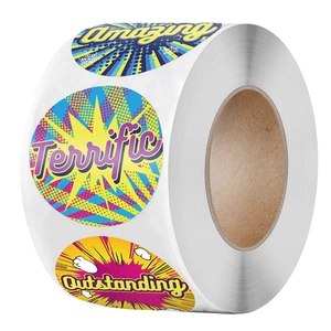 Rolle mit Belohnungsaufklebern im Pop-Art-Stil mit Amazing- und Terrific-Etiketten
