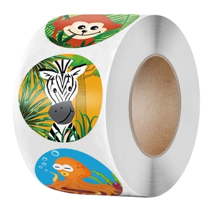 Roll of 500 cartoon animal reward stickers featuring colorful zoo and sea creature designs