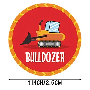 Roll of 1-inch reward stickers for kids featuring a colorful bulldozer cartoon design