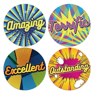 Set mit Motivations-Aufklebern im Pop-Art-Stil mit Lobesworten für Kunsthandwerk
