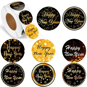 Happy New Year Stickers Round Self Adhesive Labels Black Gold Fireworks Patterns For Holiday Gift Wrap Envelopes Sealing Decals