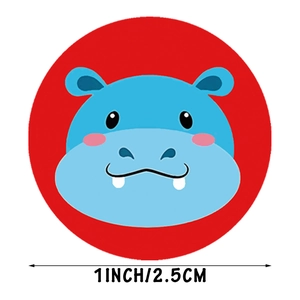 Round red rewards sticker with blue hippo cartoon for kids stationery decor, 1 inch size
