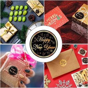 500pcs Happy New Year stickers 1.5 inch black gold holiday labels for gift sealing