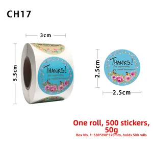 Detail view of 2.5cm floral Thank You sticker roll with precise size dimensions