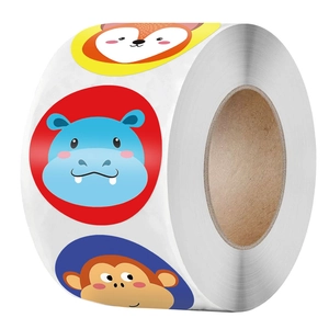 Roll of 500 cartoon animal reward stickers featuring fox hippo and monkey designs