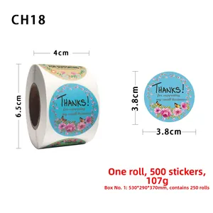 Detail of 3.8cm round floral Thank You stickers on a roll for small business packaging