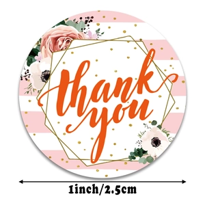 Floral round thank you stickers with gold polka dots and pink roses for gift packing
