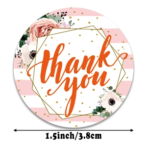 1.5 inch floral thank you stickers with pink stripes and gold hexagonal border accents