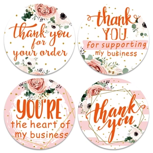 Floral round thank you stickers set with pink roses and gold foil dots for packaging