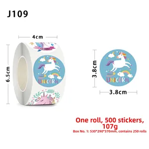 Dimensions détaillées pour autocollants licorne ronds de 3,8 cm avec 500 pièces par rouleau