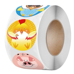 Roll of 500 cartoon animal reward stickers with owl and pig designs for kids decor