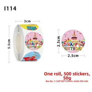 Rouleau de 500 autocollants Happy Birthday 2,5cm avec motifs gâteaux et ballons