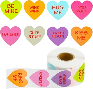 Detail of heart-shaped Valentine stickers in eight colorful designs on a roll